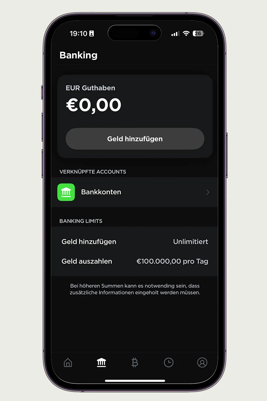 21bitcoin App Screenshot: Kontoseite